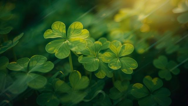 Sunlit clover leaves displaying intricate veins with golden bokeh macro close-up