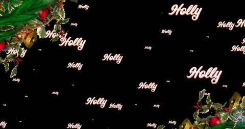 Repeating holly text with christmas garland border on black background