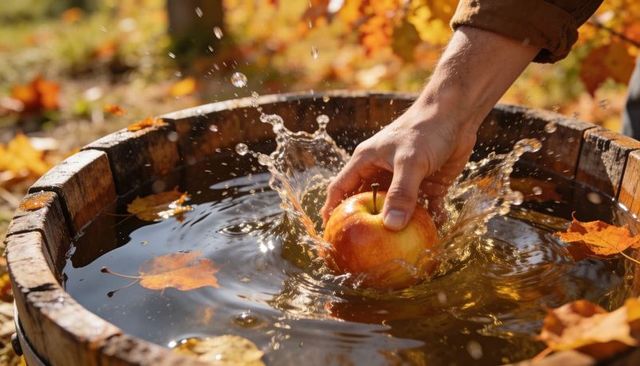 Hand retrieving apple from wooden barrel splashing water in autumn sunlight and maple leaves