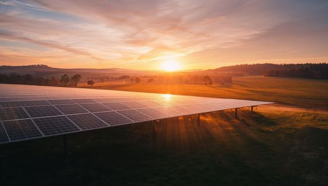 Scenic sunrise over photovoltaic panel array on rural farmland