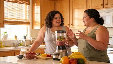 Two friends preparing fresh fruit smoothie at sunlit kitchen island casual morning chat