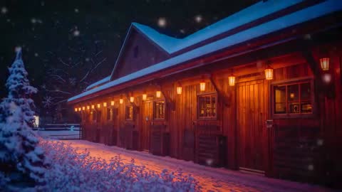Tranquil Nightfall Lanterns Illuminate Snowcapped Lodge