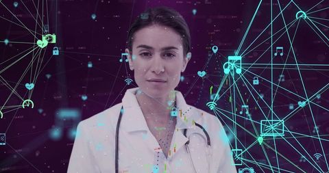 Female Doctor Analyzing Futuristic Digital Interface in Medical Technology