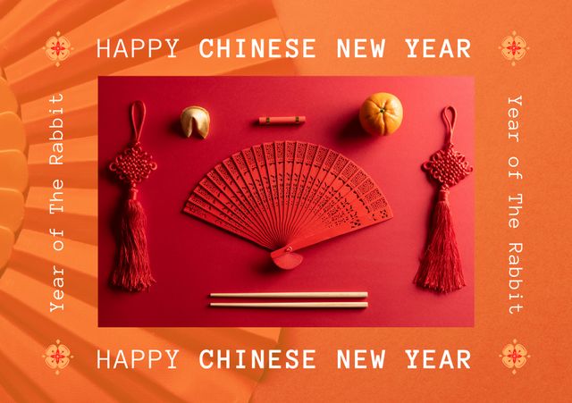 Composition of happy chinese new year text over decorations on red background. Chinese new year, tradition and celebration concept digitally generated image.