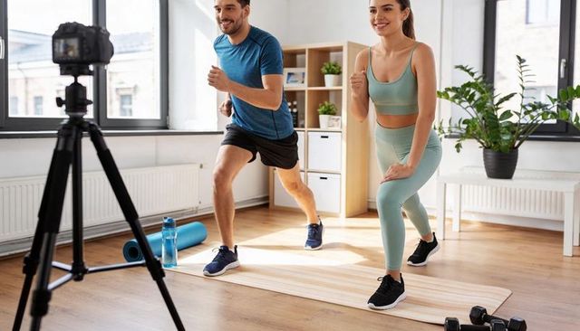 Couple performing synchronized lunges in bright home workout studio with camera on tripod
