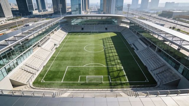 Modern urban soccer stadium with glass stands, artificial turf and dramatic shadow
