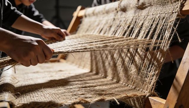 Hands weaving coarse jute on wooden loom crafting rustic textile and natural fiber texture