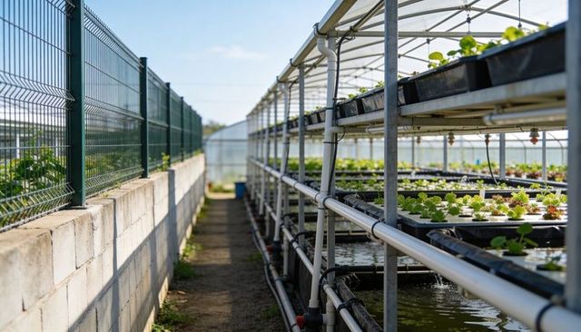Multi-tier hydroponic greenhouse racks growing lettuce with pvc irrigation and daylight
