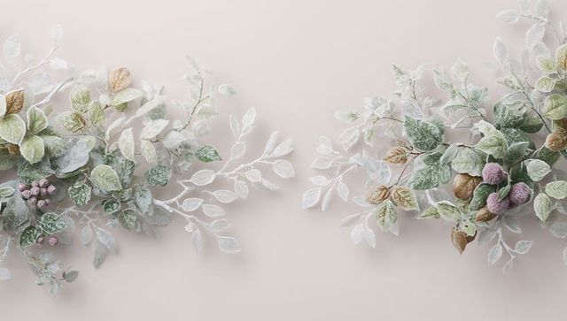 Frosted eucalyptus and mauve buds composing pastel pink minimalist layout with copy space