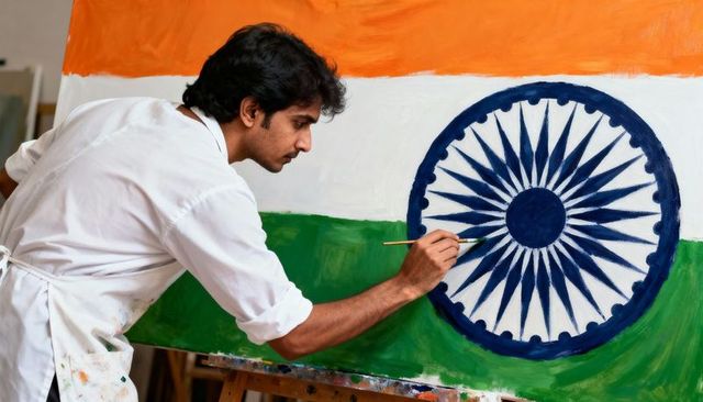 Artist painting Ashoka Chakra on Indian tricolor flag with brush in studio workspace