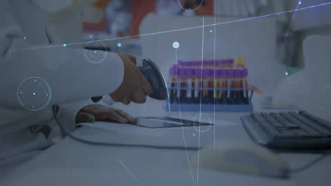 Scientist Scanning Lab Equipment with Futuristic Digital Overlay