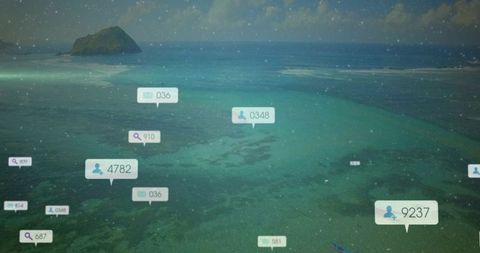 Augmented coastal data visualization over turquoise lagoon with floating analytics callouts