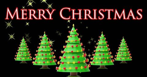 Fun festive christmas trees with cheerful ornaments and holiday banner