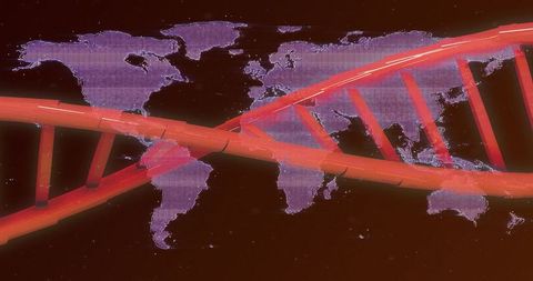 Crossing red dna helix overlaying purple world map, connecting genomics and global data