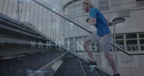 Man Climbing Stairs with Abstract Digital Interface Overlay