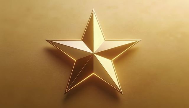 Beveled metallic gold star gleaming faceted highlights and soft shadow on gold background