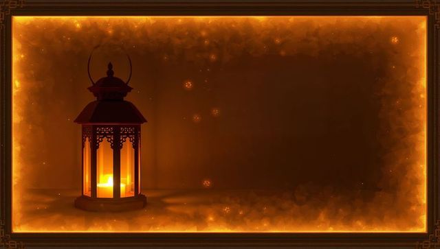 Ornate lantern glowing on tabletop with warm sepia border and candlelight