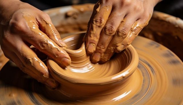 Close-up of hands shaping spinning wet clay bowl on wheel during artisan pottery process