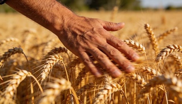 Brushing hand through golden wheat field during harvest under warm late-afternoon sunlight