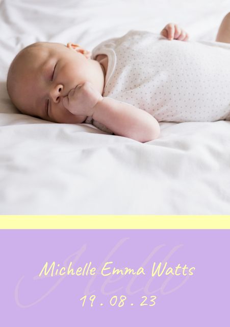 Baby lying peacefully on bed. Personalizable announcement with baby's name and birth date for birth announcements, greeting cards, and baby shower invitations.