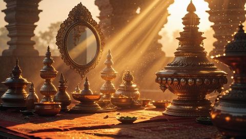 Golden ritual vessels on temple veranda lit by sunbeams, vishu festival