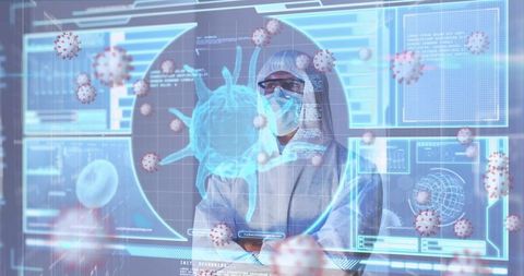 Medical Professional Analyzing Virus Data with Futuristic Interface
