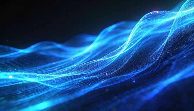 Flowing luminous particle mesh forming neon blue data wave and digital network motion
