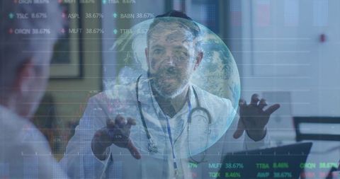 Doctor Consulting with Data and World Icons Overlay