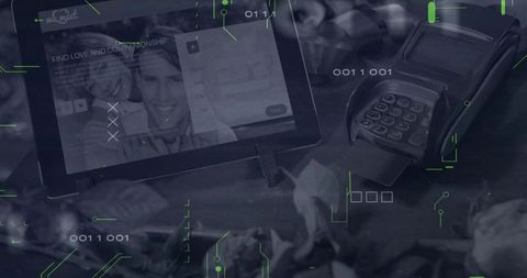 Tablet showing dating app at cafe checkout with card reader and binary tech overlay