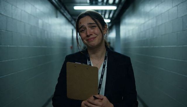 Emotional event staffer holding clipboard and wearing lanyard in dim institutional corridor