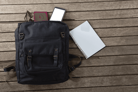 transparent image of backpack with everyday essentials on wooden floor - Download Free Stock Videos Pikwizard.com