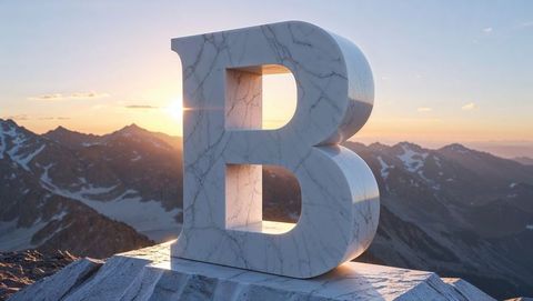Marble letter b sculpture illuminated by glowing sunset on mountain