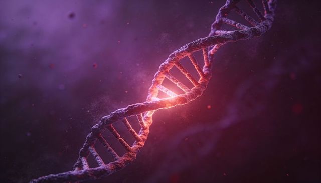 Glowing dna double helix emitting warm neon light in magenta microscopic field