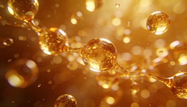 Glowing golden molecular droplets connecting in warm bokeh macro luxurious liquid abstract