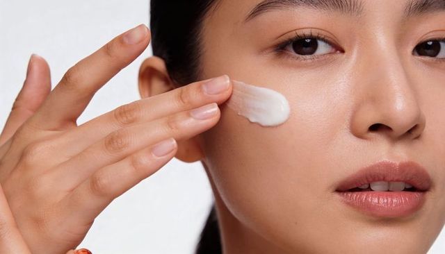 Asian woman applying moisturizer to cheek closeup for glowing skin, skincare, beauty routine