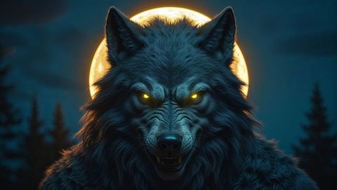 Snarling werewolf with glowing eyes under full moon in forest