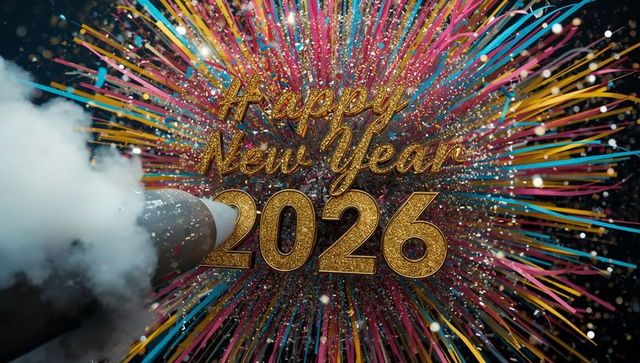 Glittering golden happy new year 2026 celebration confetti cannon burst sparkle