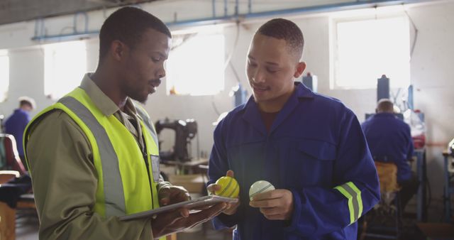 Factory Workers Collaborating on Tablet - Download Free Stock Images Pikwizard.com