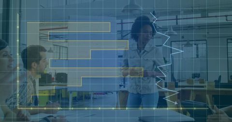 Confident Woman Leading Business Analytics Presentation in Modern Office