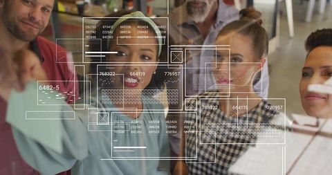 Multicultural team collaborating on glass board with digital data overlays and brainstorming