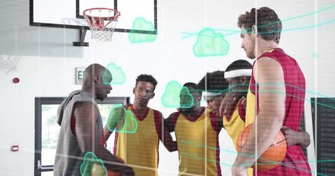 Coach leading basketball team in huddle on indoor court showing cloud tech overlay
