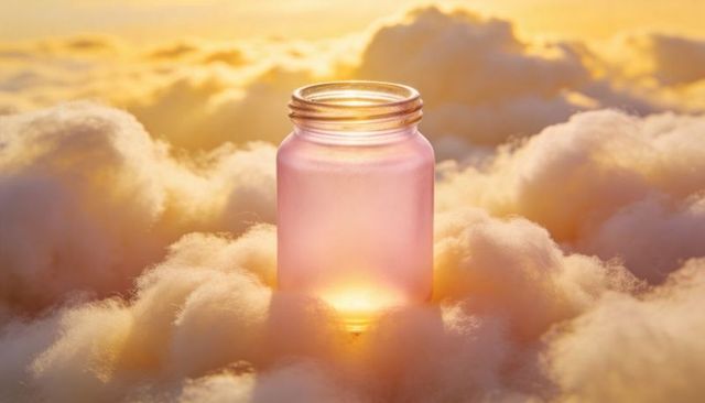Glowing pastel pink jar floating on cloud tops at golden sunrise