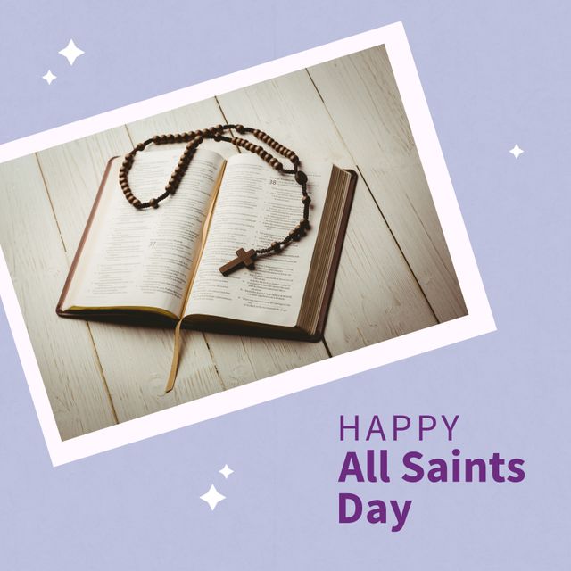 Open Bible with rosary beads lying on white wooden table, paired with a 'Happy All Saints Day' greeting on blue background. Ideal for religious greetings, celebrations, social media posts, and Christian event promotions, promoting faith and spirituality during All Saints Day.