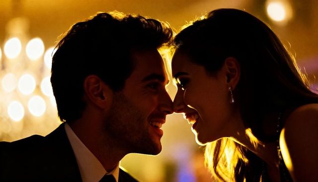 Romantic couple leaning for kiss under chandelier light with warm rim glow and bokeh