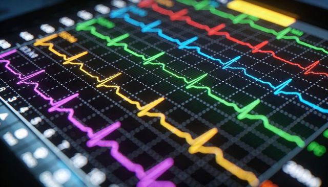 Hd color ecg waveforms displaying multi-lead cardiac telemetry on medical monitor