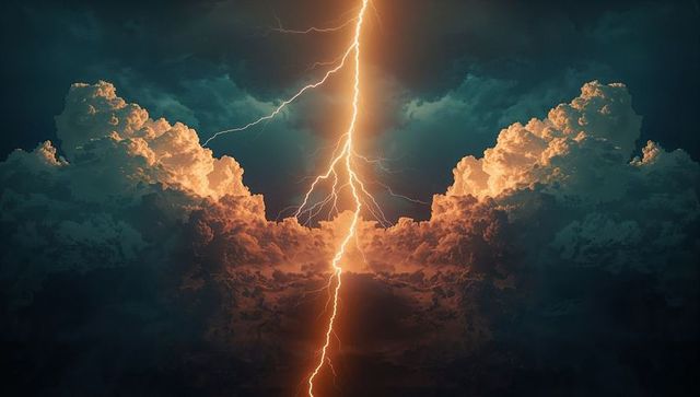 Dramatic lightning bolt amid glowing cumulonimbus clouds