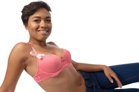 Woman wearing pink bra with breast cancer awareness ribbon transparent background