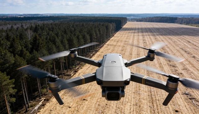 Hovering quadcopter capturing aerial footage over forest edge and harvested farmland