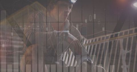 Digital Financial Graphs Overlaying Jogger Preparing for Run