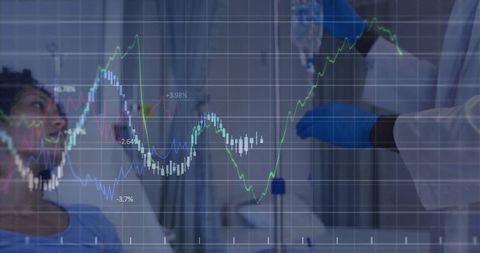 Medical Professional Adjusting IV with Data Chart Overlay
